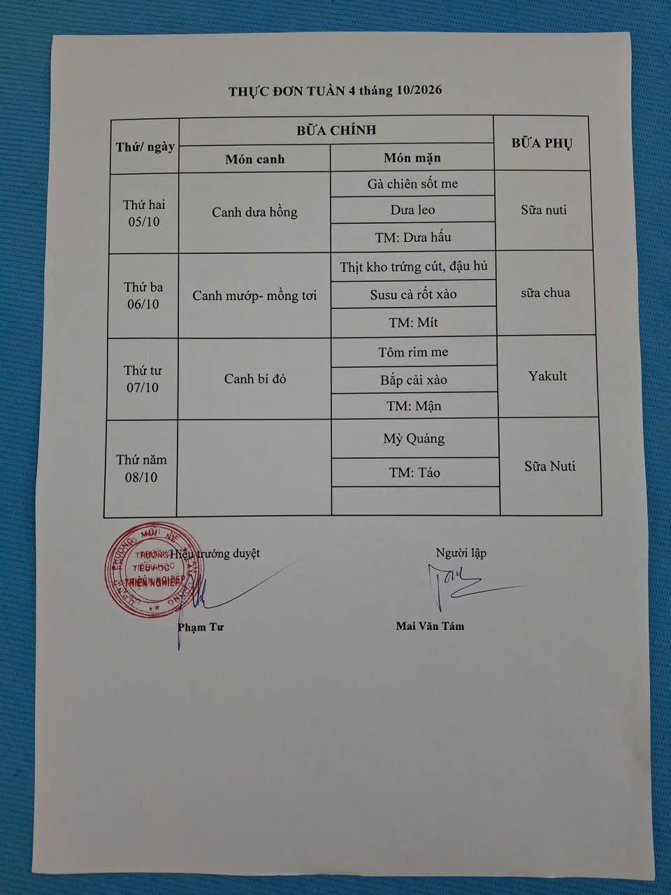 Thực đơn tuần 4 tháng 10/2026